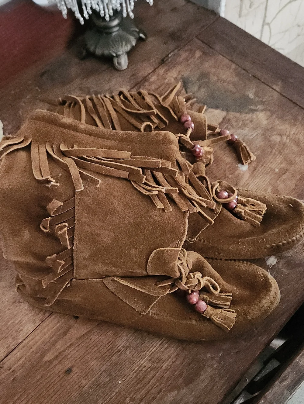 Minnetonka Brown Suede Fringe Moccasins with Bead Tassels